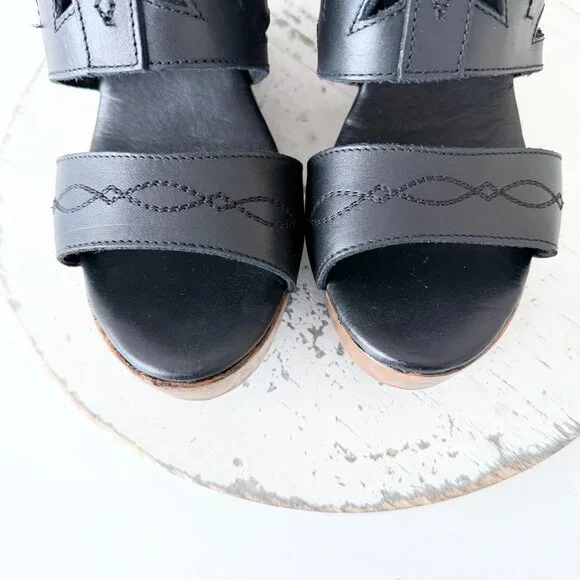 Lane Boots BECCA Womens Black Wedges 8.5 Western Sandals Cowgirl Wooden Heels - Picture 6 of 10